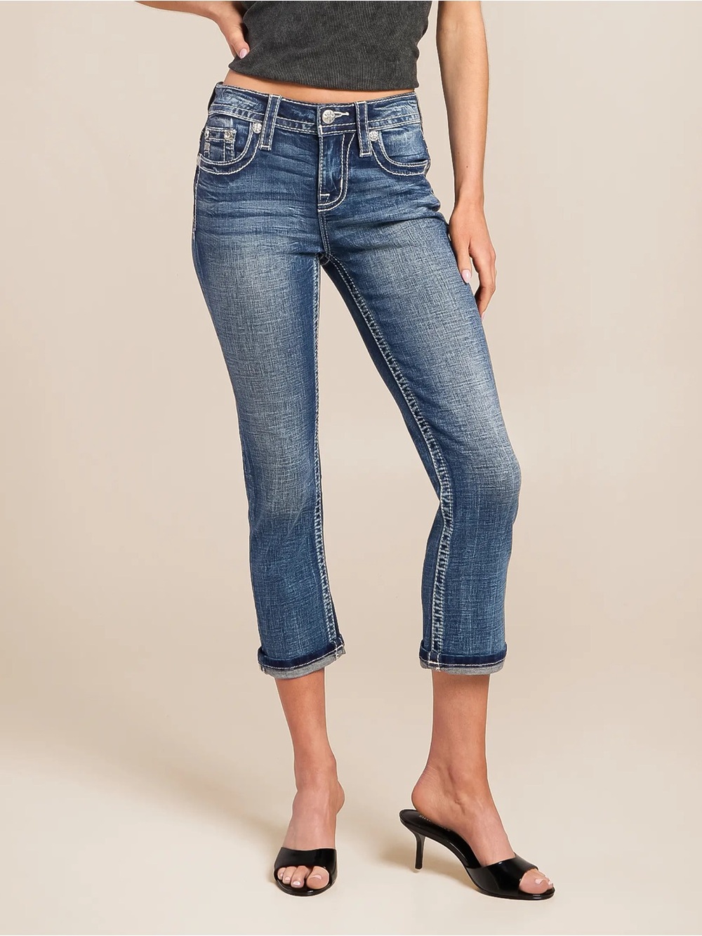 Women's Embellished Mid-Rise Signature Cuffed Capris - Blue
